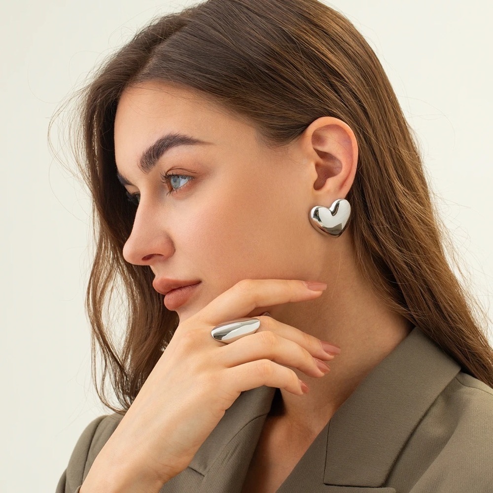 Silver Heart Stud Earrings - Picture 3 of 10